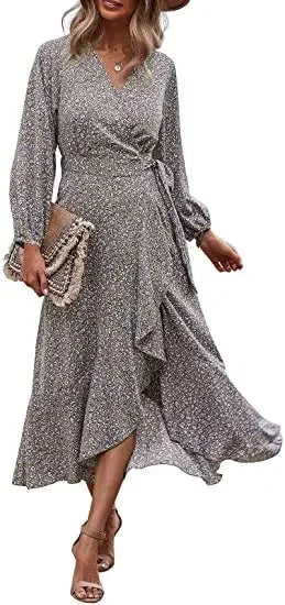 Floral Print Elegant Casual VNeck Sun Midi Dresses