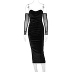 Bodycon Offtheshoulder Velvet Mesh Elegant Y2K Midi Dresses