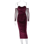 Bodycon Offtheshoulder Velvet Mesh Elegant Y2K Midi Dresses