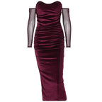 Bodycon Offtheshoulder Velvet Mesh Elegant Y2K Midi Dresses