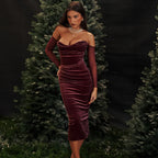Bodycon Offtheshoulder Velvet Mesh Elegant Y2K Midi Dresses
