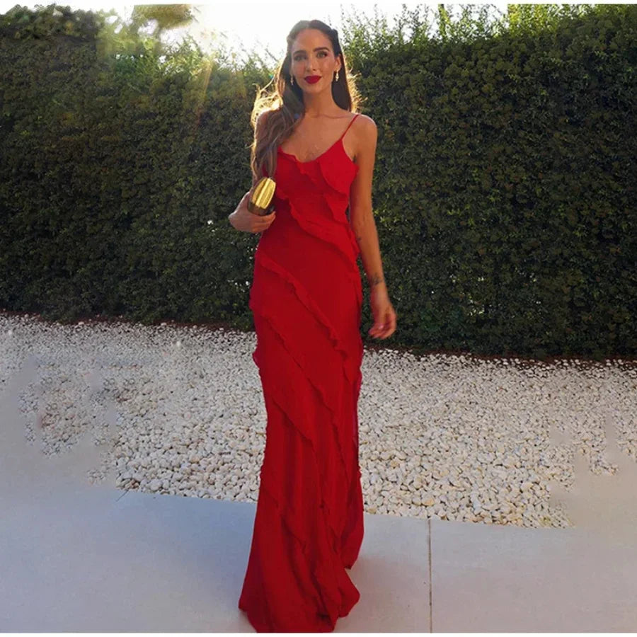 Ruffles Chiffon Maxi Dresses Backless Split Sexy Long Summer Wedding Party Dress