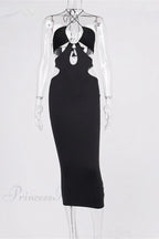 Cut Out Party Evening Sexy Black Women's Summer Hollow Out Halter Wrap Long Backless Midi Dress