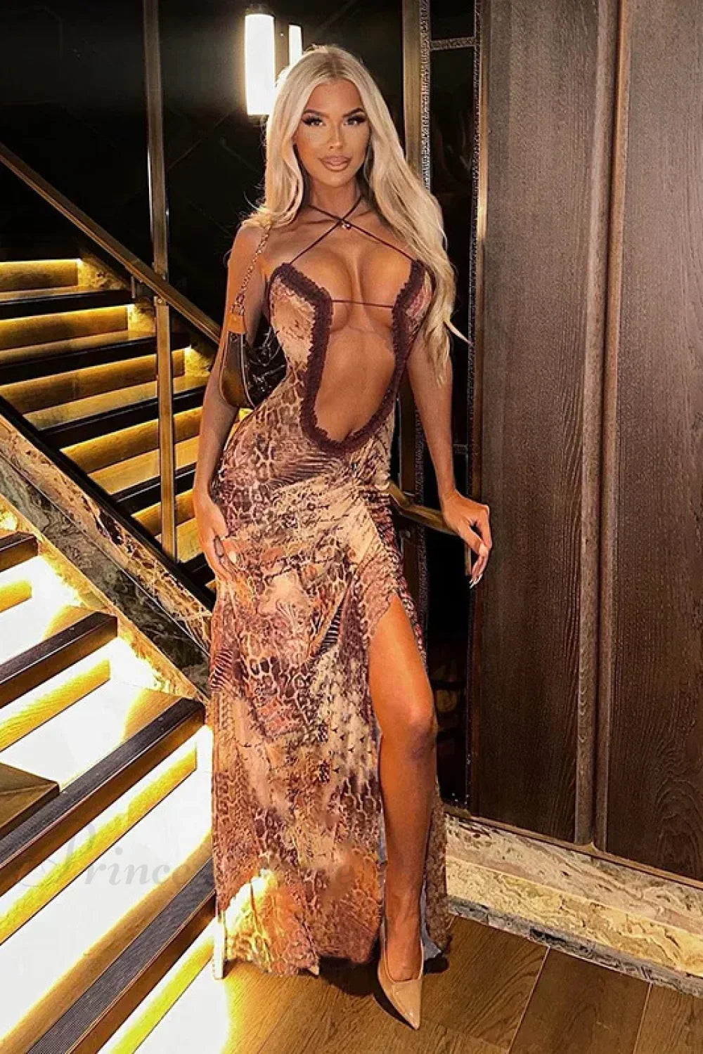 Halter Neck Printed Maxi Mesh Hollow Out Sleeveless High Waist Split Elegant Y2k Par Cut Out Dress