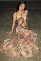 Halter Neck Printed Maxi Mesh Hollow Out Sleeveless High Waist Split Elegant Y2k Par Cut Out Dress