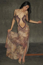 Halter Neck Printed Maxi Mesh Hollow Out Sleeveless High Waist Split Elegant Y2k Par Cut Out Dress