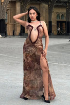 Halter Neck Printed Maxi Mesh Hollow Out Sleeveless High Waist Split Elegant Y2k Par Cut Out Dress