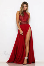 lady's Sexy See-Through lace Nude Back High Slit Dress