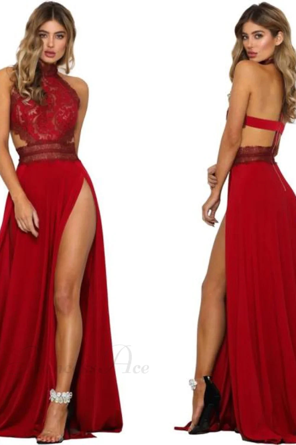 lady's Sexy See-Through lace Nude Back High Slit Dress