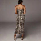 Leopard Print Sleeveless V-neck Sexy Spring Christmas Outfits Midi Dresses