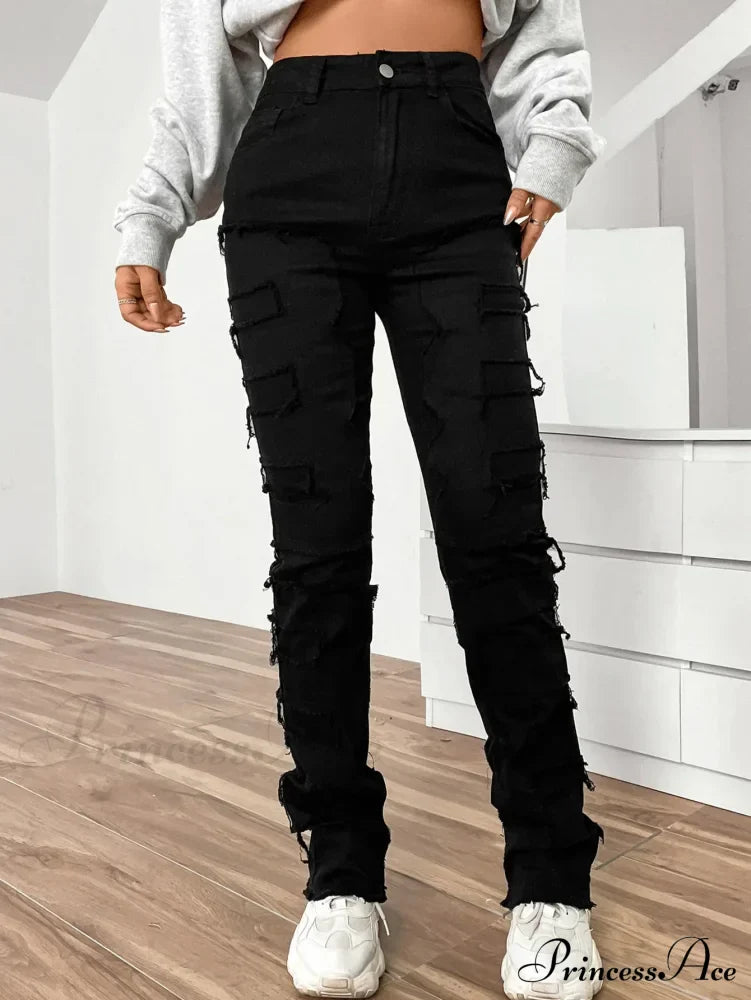 New European and American Streetwise Stretch Patch for Women High Street Straight Fit Long Women's Jean