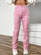 New European and American Streetwise Stretch Patch for Women High Street Straight Fit Long Women's Jean