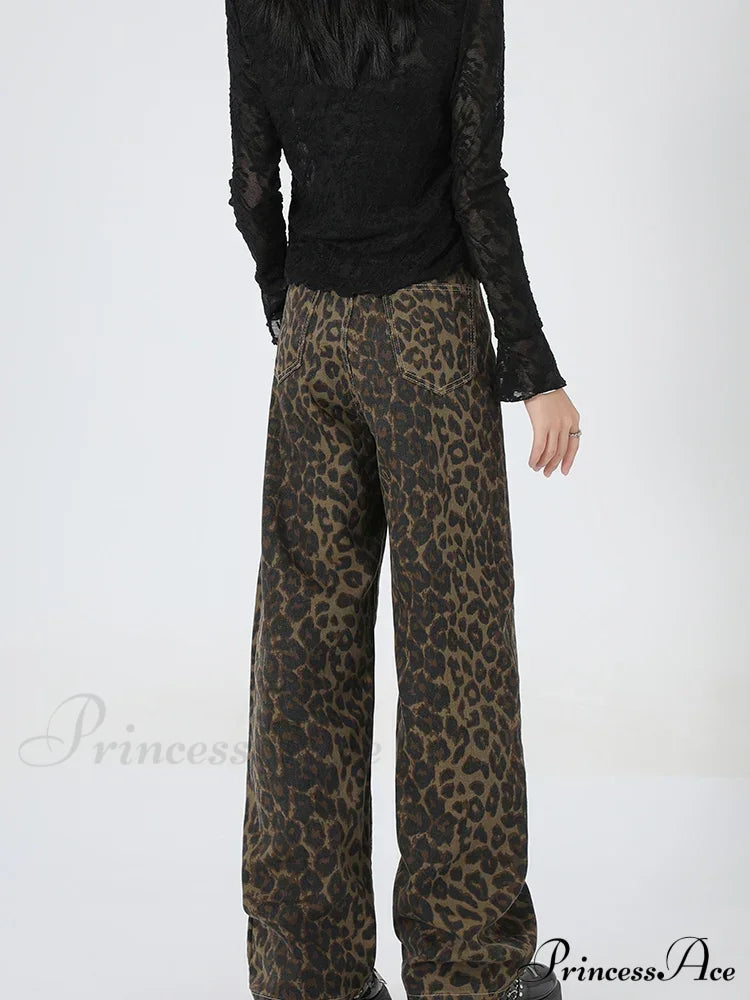 New Leopard Print Wide Leg Women High Waisted Fashion Streetwear Retro Y2K Denim Baggy Casual Straight Jean