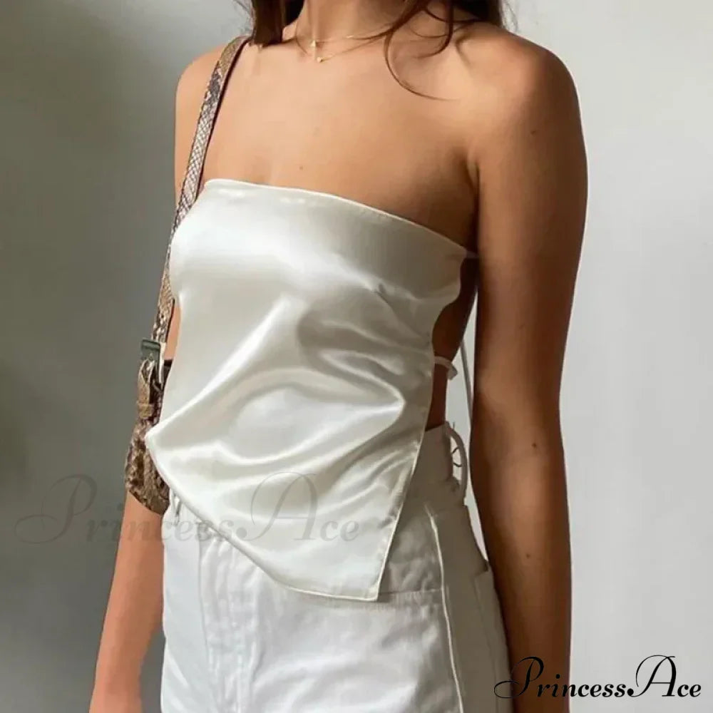 Satin Backless Crop Women Green Summer Cami Bandage Sleeveless Strapless Off Shoulder Tank top