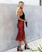 Sequin Tassel Tight Midi Skirt