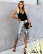 Sequin Tassel Tight Midi Skirt