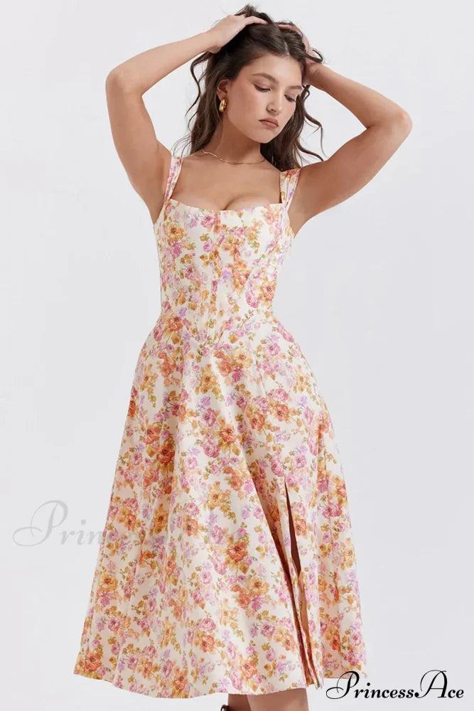 Slip Spring and Summer Thin Ribbon Split Long es for Women Floral Dress