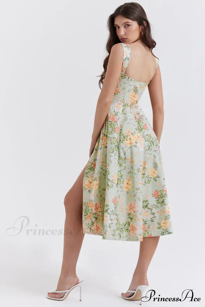Slip Spring and Summer Thin Ribbon Split Long es for Women Floral Dress