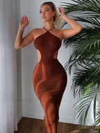 Summer Halter for Women's Sleeveless Backless Club Party Cutout Bandage Midi Dress Clothes Sexy