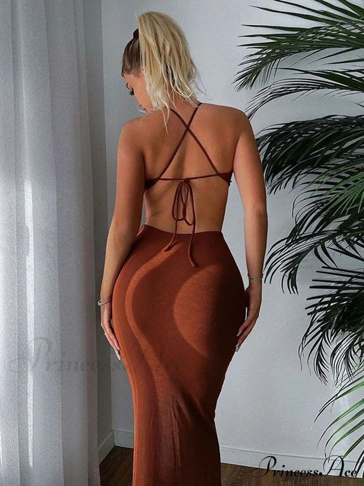 Summer Halter for Women's Sleeveless Backless Club Party Cutout Bandage Midi Dress Clothes Sexy