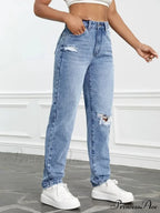 Women Casual Fashion High Streetwear Ripped Holes Denim Pants Female Vintage Trousers Jean
