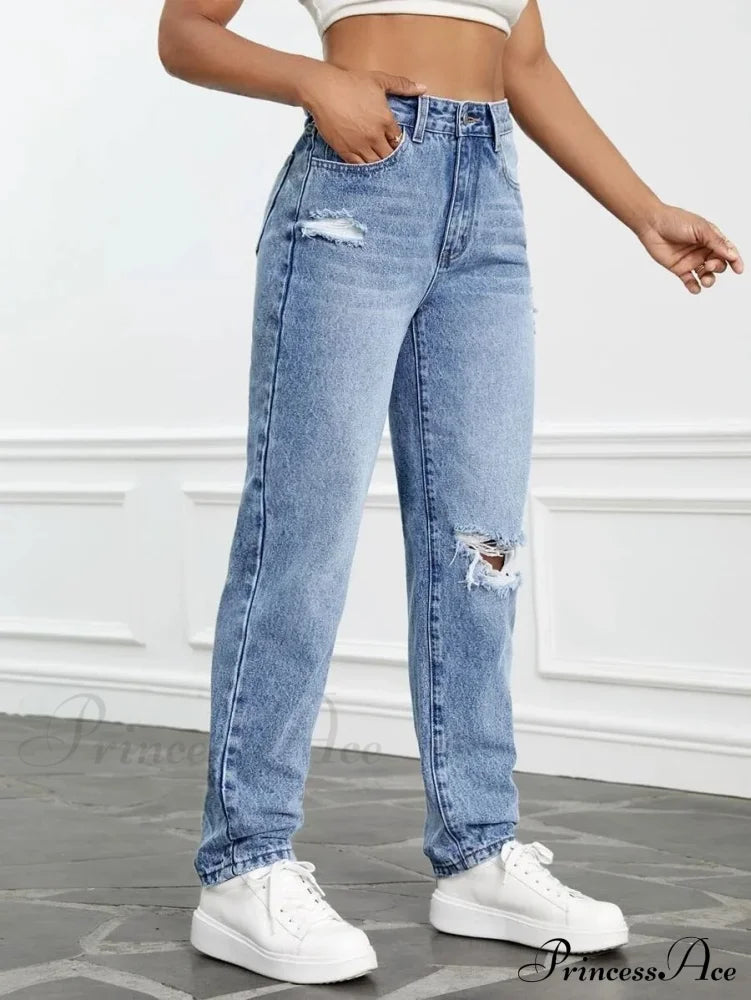Women Casual Fashion High Streetwear Ripped Holes Denim Pants Female Vintage Trousers Jean