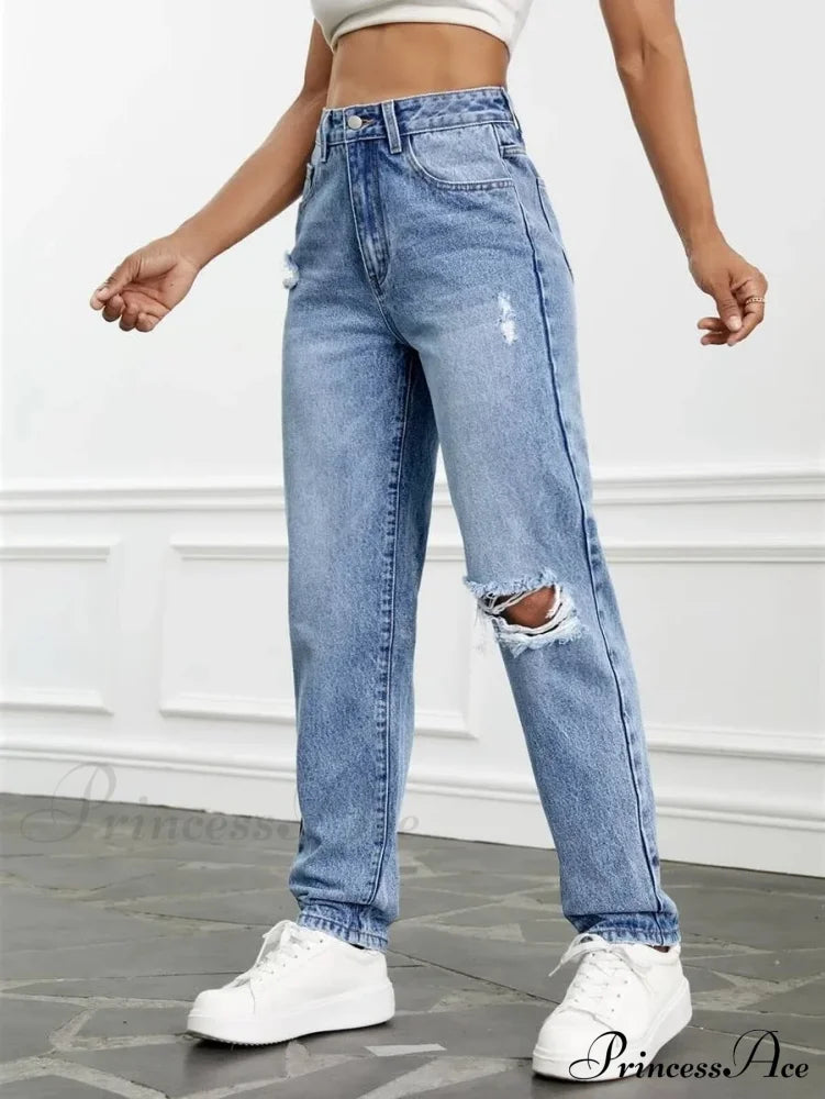 Women Casual Fashion High Streetwear Ripped Holes Denim Pants Female Vintage Trousers Jean