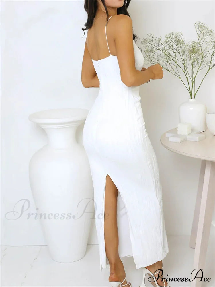 Women Long Ruched Sleeveless Slim Solid Summer Party Back Split Clubwear Female Maxi Dress