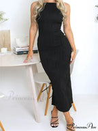 Women Long Ruched Sleeveless Slim Solid Summer Party Back Split Clubwear Female Maxi Dress