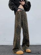 Y2K Leopard Print Wide Leg Women High Waisted Fashion Streetwear Retro Denim Baggy Casual Straight Jean