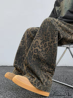 Y2K Leopard Print Wide Leg Women High Waisted Fashion Streetwear Retro Denim Baggy Casual Straight Jean