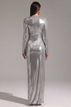 Deep V Long Sleeve Shirr Maxi Dress