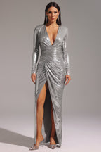 Deep V Long Sleeve Shirr Maxi Dress