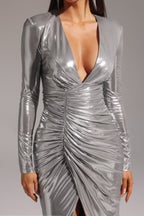 Deep V Long Sleeve Shirr Maxi Dress
