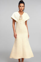 Talisd V-Neck Flower Folds Fishtail Midi Dress