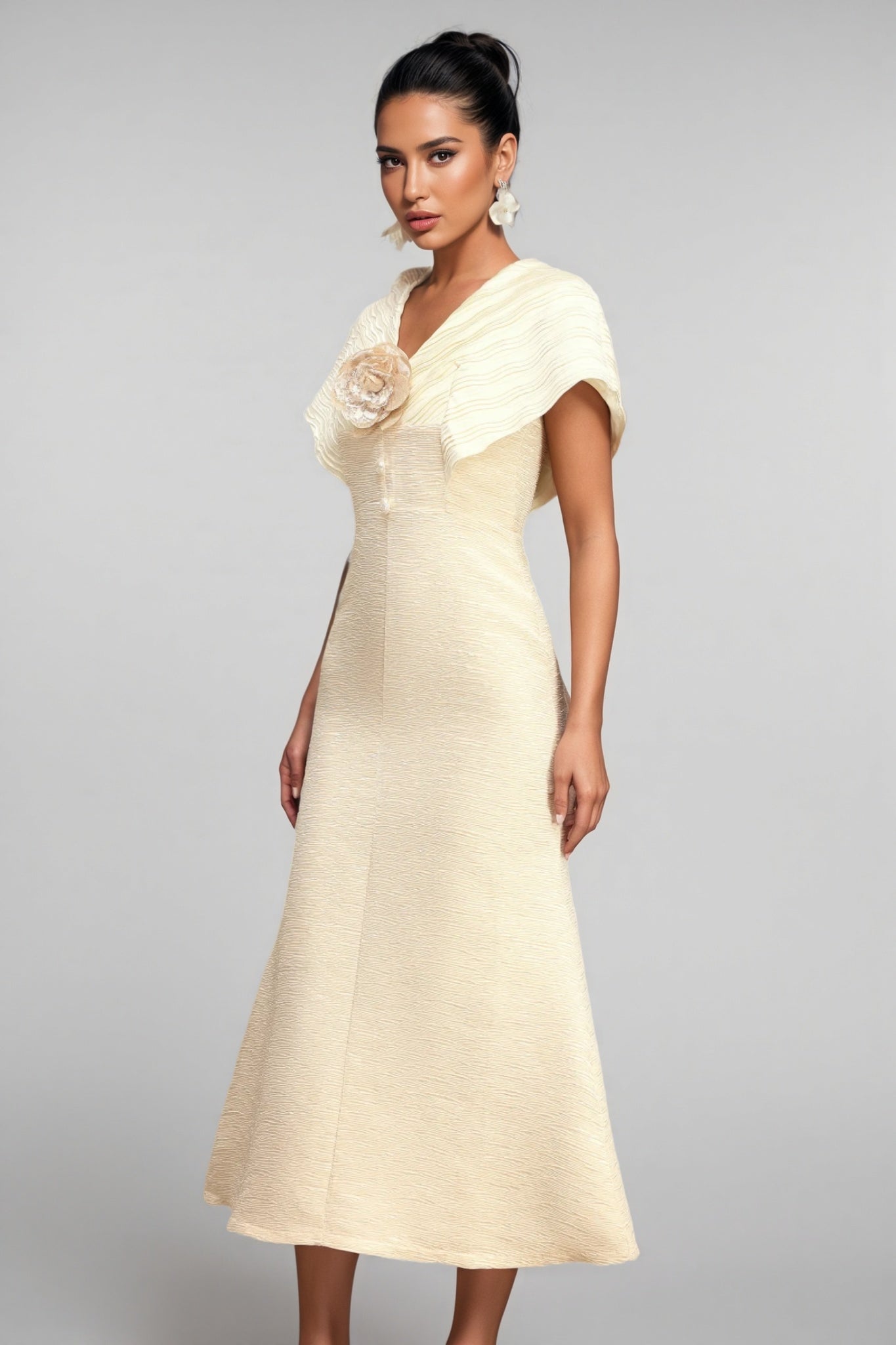 Talisd V-Neck Flower Folds Fishtail Midi Dress