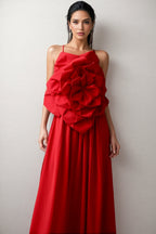 Venke Red Strapless 3D Flower Maxi Dress