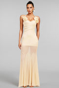 Orialk 3D Flower Halter Neck Mesh Maxi Dress