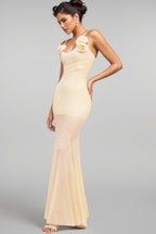 Orialk 3D Flower Halter Neck Mesh Maxi Dress