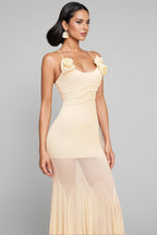 Orialk 3D Flower Halter Neck Mesh Maxi Dress