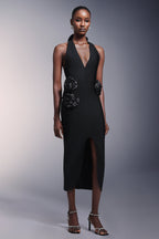 Flowers High Slit Deep-V Bandage Midi Dress