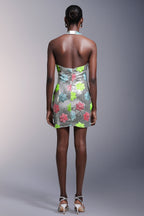 Flowers Backless Halter Sequins Mini Dress
