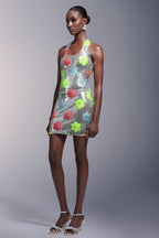 Flowers Backless Halter Sequins Mini Dress