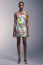 Flowers Backless Halter Sequins Mini Dress