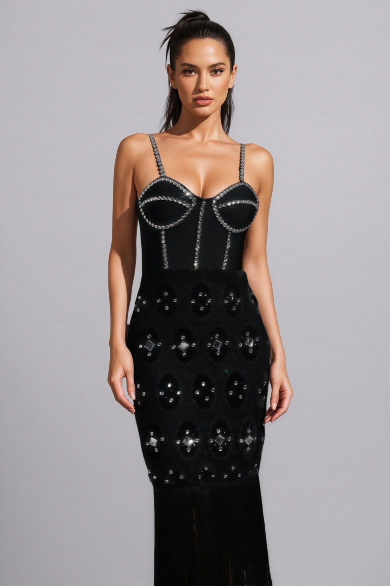 Jorvilp lace Sleeveless Tassels Diamond Maxi Dress
