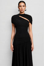 Zarinny Black Asymmetric Folds Maxi Dress Set