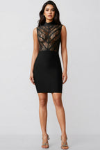 Zaroe Round Collar Sleeveless Lace Bandage Mini Dress