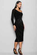 Tine Single Shoulder Long Sleeves Diamond Midi Dress