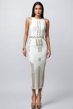 Peyton Round Neck Sleeveless Rivet Bandage Midi Dress