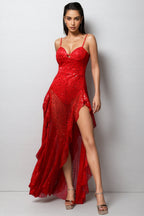 Marge Sleeveless Sequins Slit Ruffle Maxi Dress